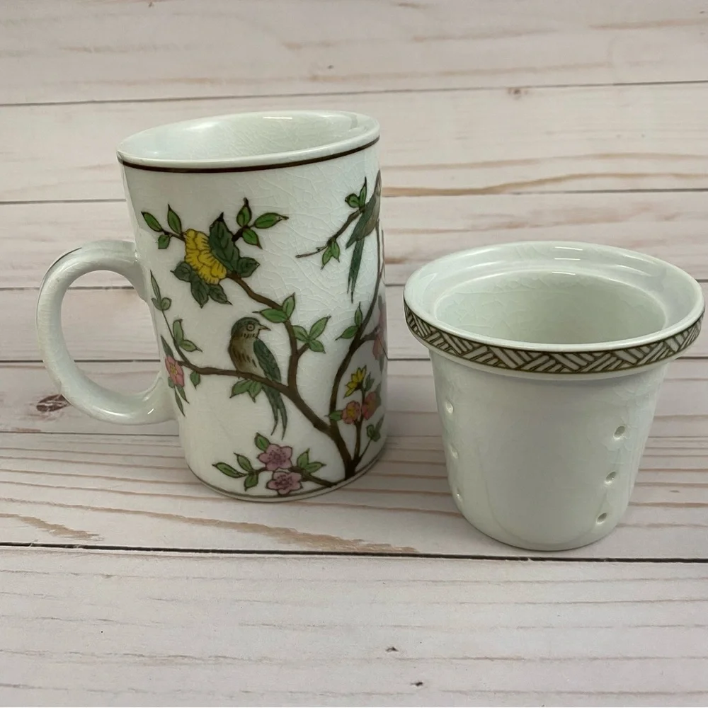 Pier 1 Imports Porcelain Tea Infuser Mug Birds & Blossoms Hand Painted NO LID